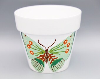 Dotted Sage Butterfly Pot | Earthy minimal Plant Pot | Dot Art | Hand-painted Planter | Terracotta 4.5” White Medium