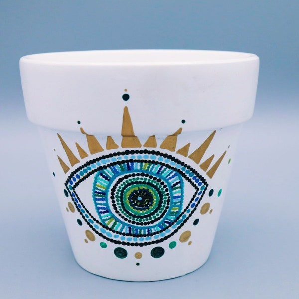 All Seeing Eye Pot | Third Eye Plant Pot | Dot Art | Hand-painted Planter | Terracotta 4.5” White Medium