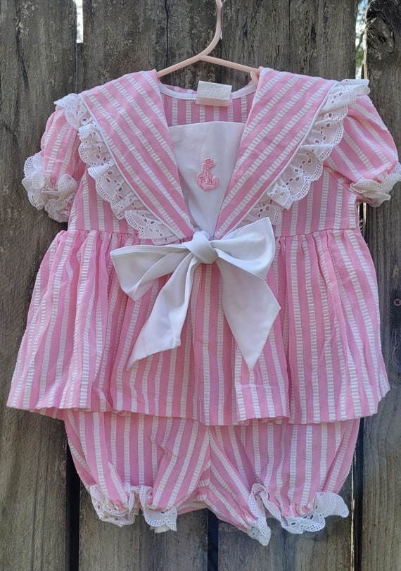 1990's Vintage Baby Girl Romper /  Pink Sailor Bab