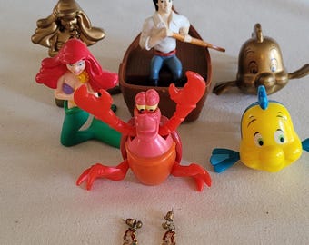 Vintage 1990s Disney Little Mermaid Happy Meal Toys & Ariel Earrings (Set of 6)