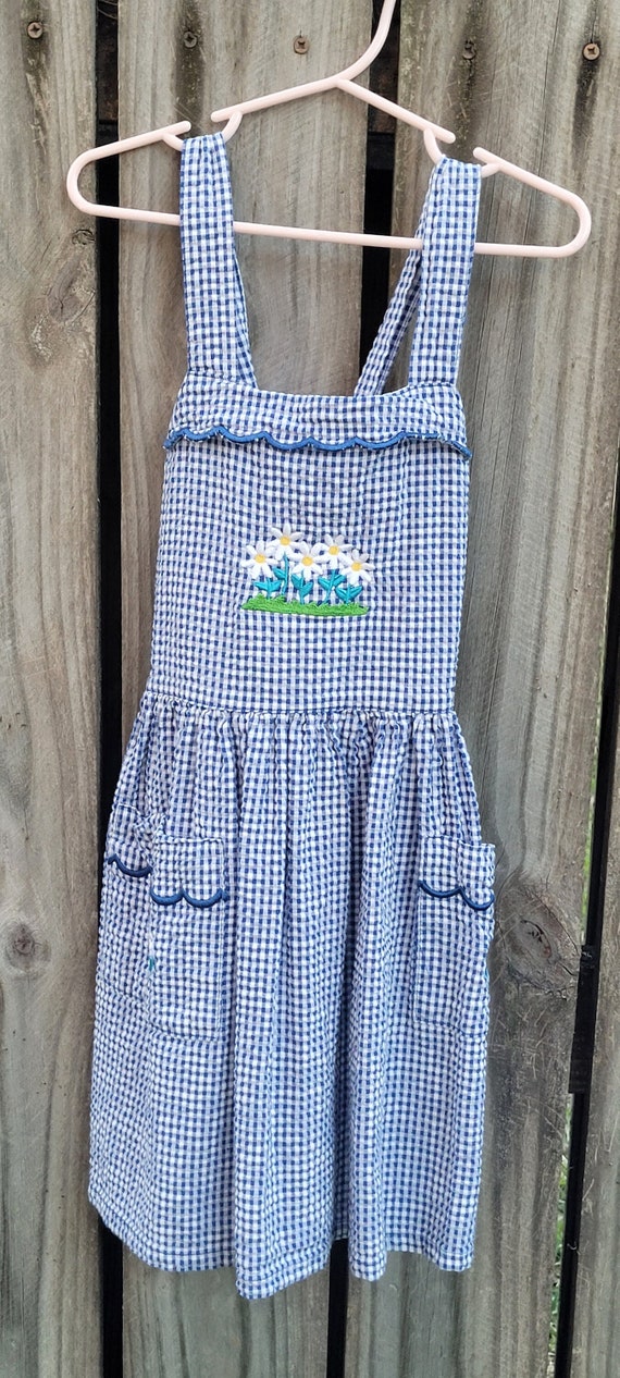 1990's Vintage Girl's Dress / Blue Gingham / Daisy