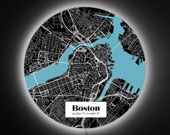 Boston City Map LED Sign: Teal & Blue Acrylic Wall Decor