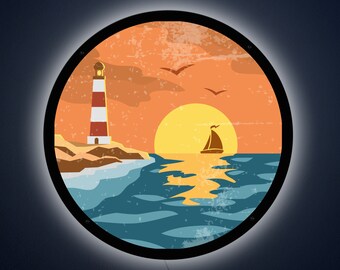 Sunset Sailboat LED Sign: Coastal Night Light, Wall Art