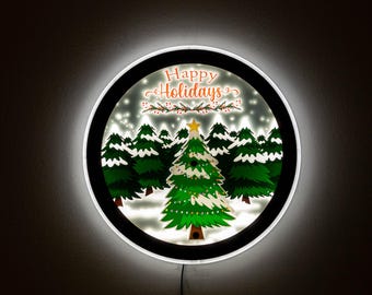 3D Christmas Tree LED Sign, Happy Holidays Lighted Wall Decor (17" Diameter)