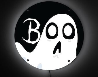 BOO LED Halloween Sign: Spooky Ghost Wall Art (17" Diameter)
