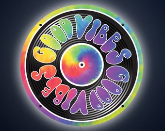 Good Vibes Record LED Sign: 70s Retro Wall Art, Plug-In Mood Light