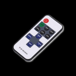 May include: A white remote control with black buttons. The buttons are labeled "Speed", "Mode", "Bright", and "Light". The remote control also has a power button and a red "RF Wireless" logo.