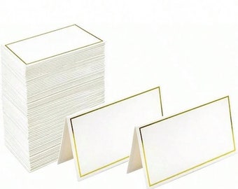 Gold edge white place cards, Gold foil place cards, Gold rim wedding name card, Gold and white decor, Wedding escort card, Folded place card