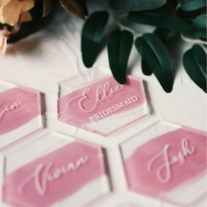 Cartões de lugar de casamento de acrílico, Disco acrílico hexagonal, Placas de acrílico, Cartões de nome de casamento, Placas de nome, Cartões de lugar curvos, Lembrancinhas de casamento