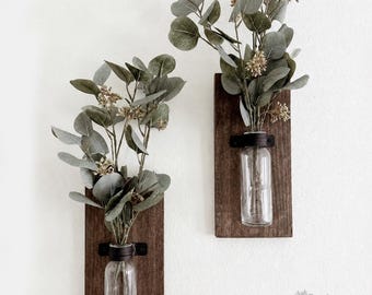 Handcrafted Wood Wall Sconces with Glass Vases – Modern Rustic Decor, Eucalyptus Included, Plant Propagation (Set of 2)