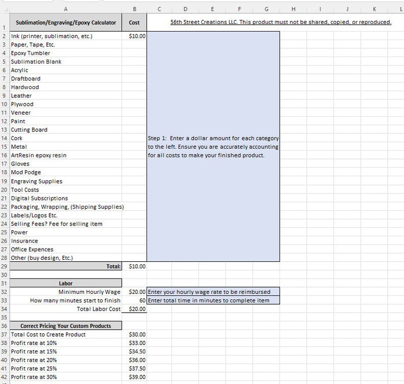Sublimation, Laser, Epoxy Pricing Calculator Etsy
