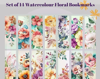 Set of 14 Watercolour Flower digital bookmarks to Download and print - Silhouette, Cricut, print and cut