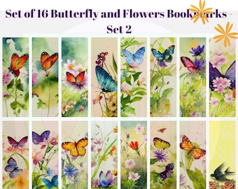 Set of 16 Butterfly and Flower digital bookmarks to Download and print - Silhouette, Cricut, print and cut. - Set 2