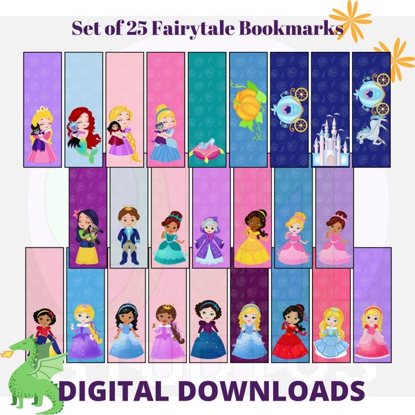 Set of 25 Fairytale digital bookmarks to Download and print - Silhouette, Cricut, print and cut