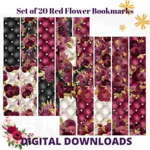 Set of 20 Red Flower digital bookmarks to Download and print - Silhouette, Cricut, print and cut