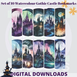 Set of 10 Watercolour Gothic Castle digital bookmarks to Download and print - Silhouette, Cricut, print, and cut