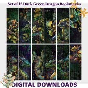 Set of 12 Dark Green Dragon digital bookmarks to Download and print - Silhouette, Cricut, print, and cut