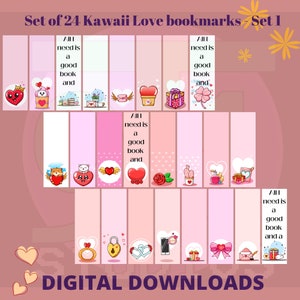 Set of 24 Kawaii Love Digital bookmarks to Download and print - Silhouette, Cricut, print and cut