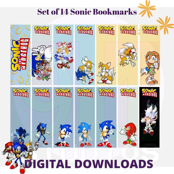 Set of 14 Sonic digital bookmarks to Download and print - Silhouette, Cricut, print and cut