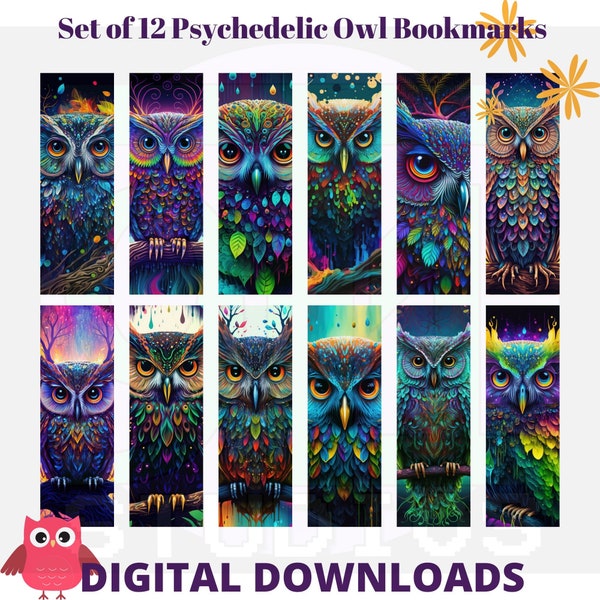 Set of 12 Psychedelic Owl digital bookmarks to Download and print - Silhouette, Cricut, print and cut