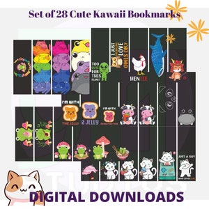 Set of 28 Cute Kawaii digital bookmarks to Download and print - Silhouette, Cricut, print and cut