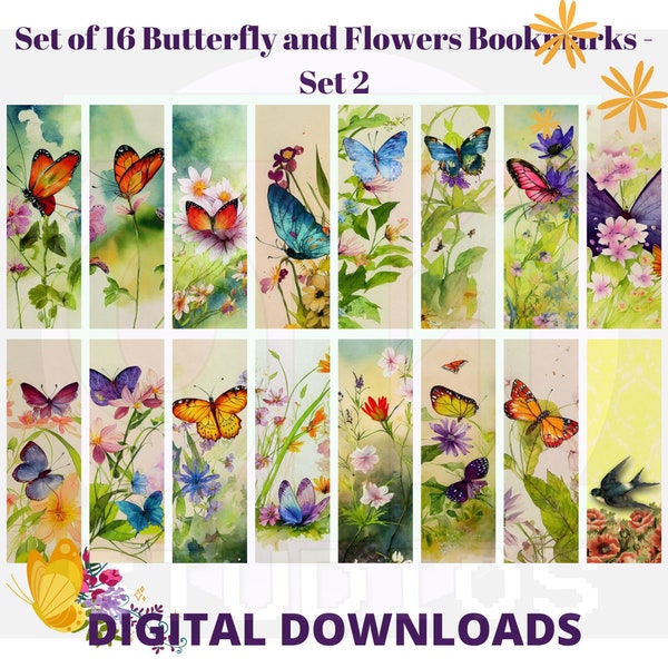 Set of 16 Butterfly and Flower digital bookmarks to Download and print - Silhouette, Cricut, print and cut. - Set 2