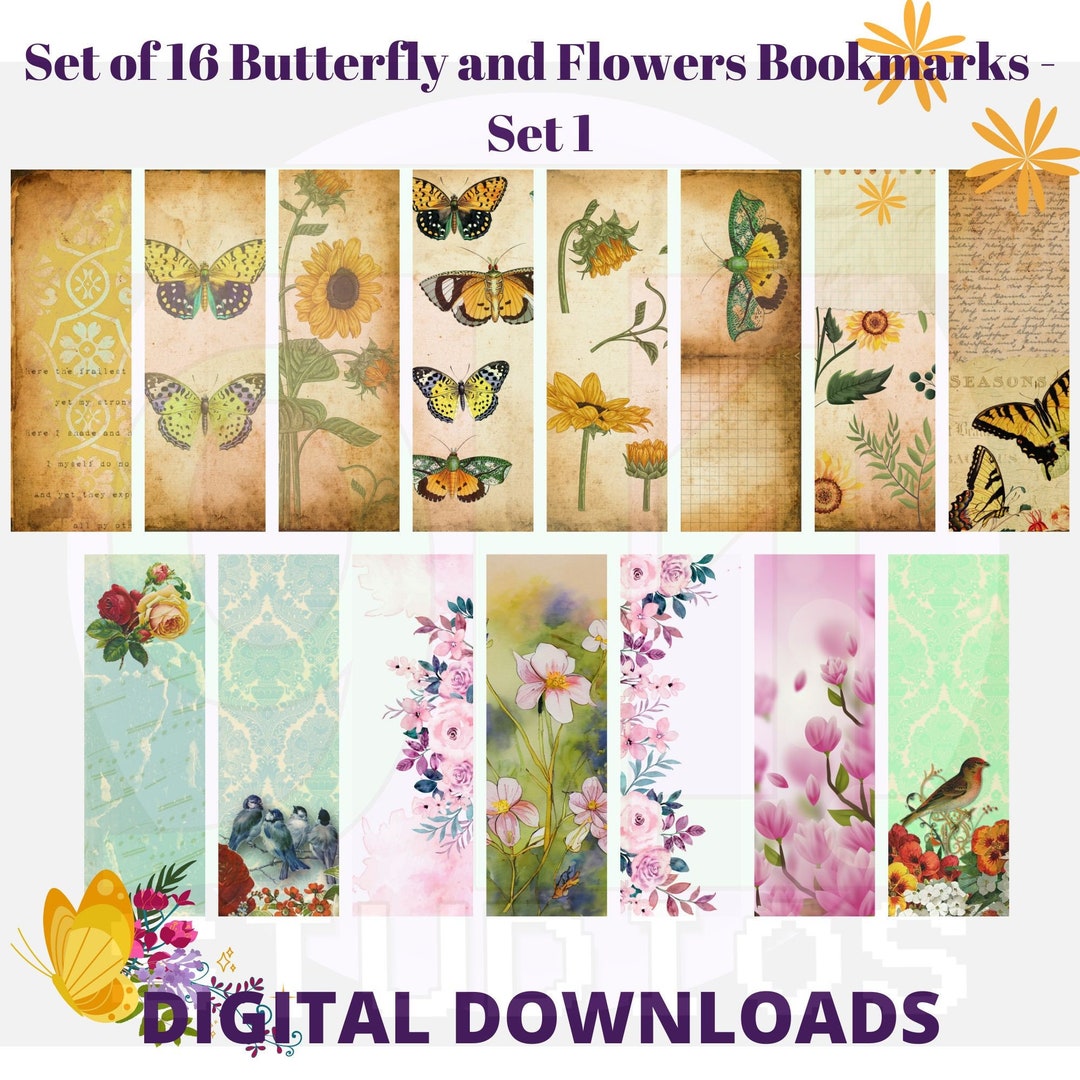 Set of 15 Butterfly and Flower Digital Bookmarks to Download and Print ...