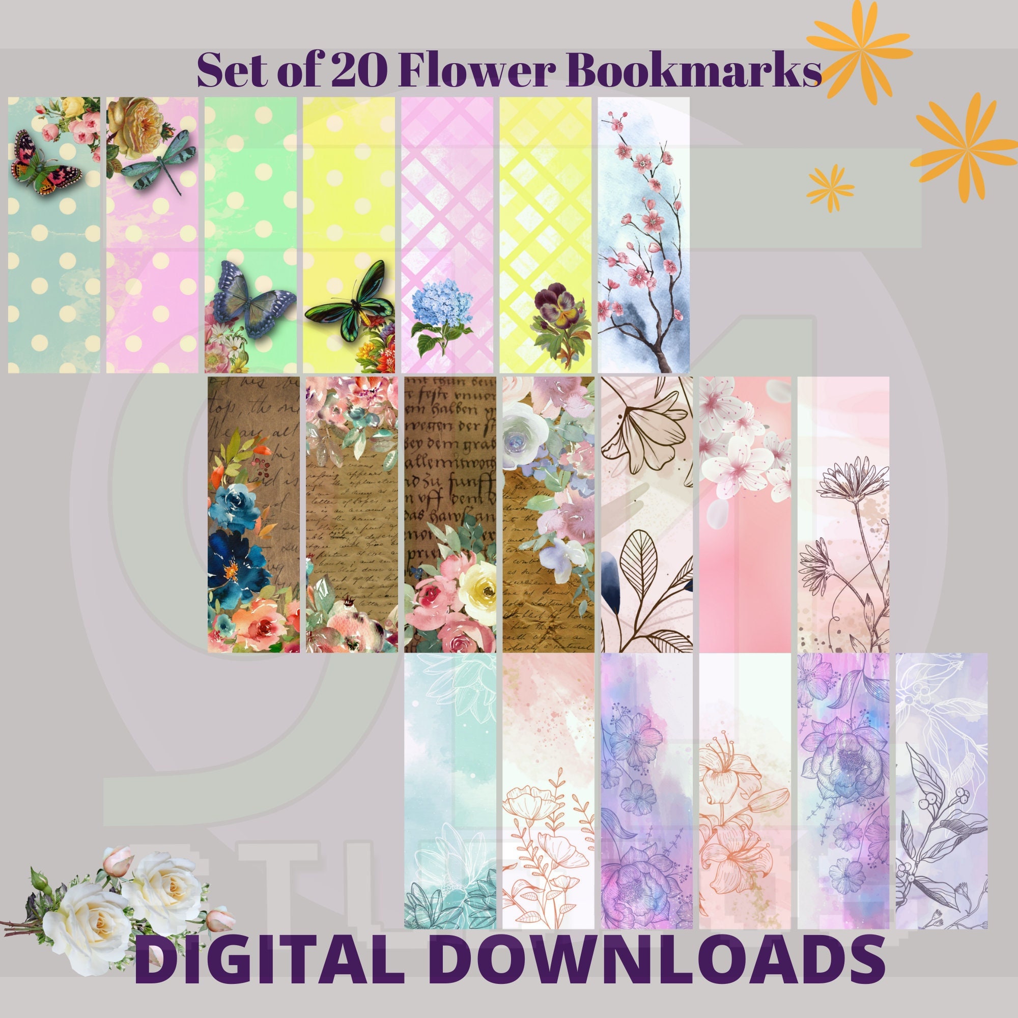 Set of 20 Flower Digital Bookmarks to Download and Print