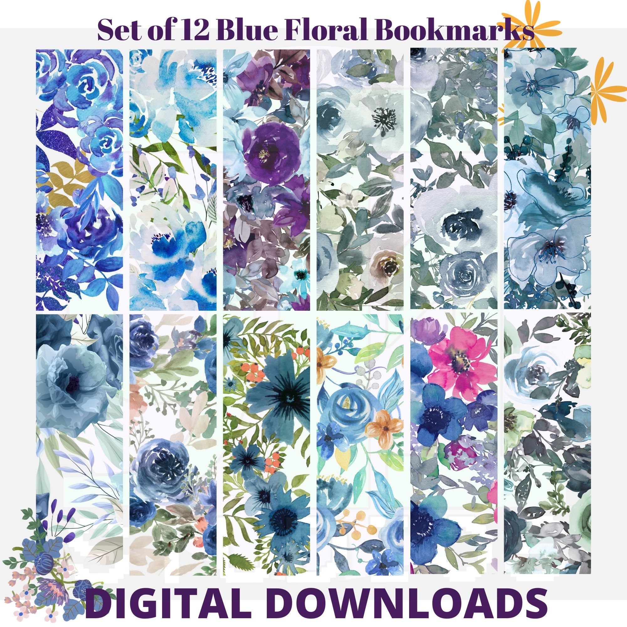 Set of 12 Blue Floral Digital Bookmarks to Download and Print ...
