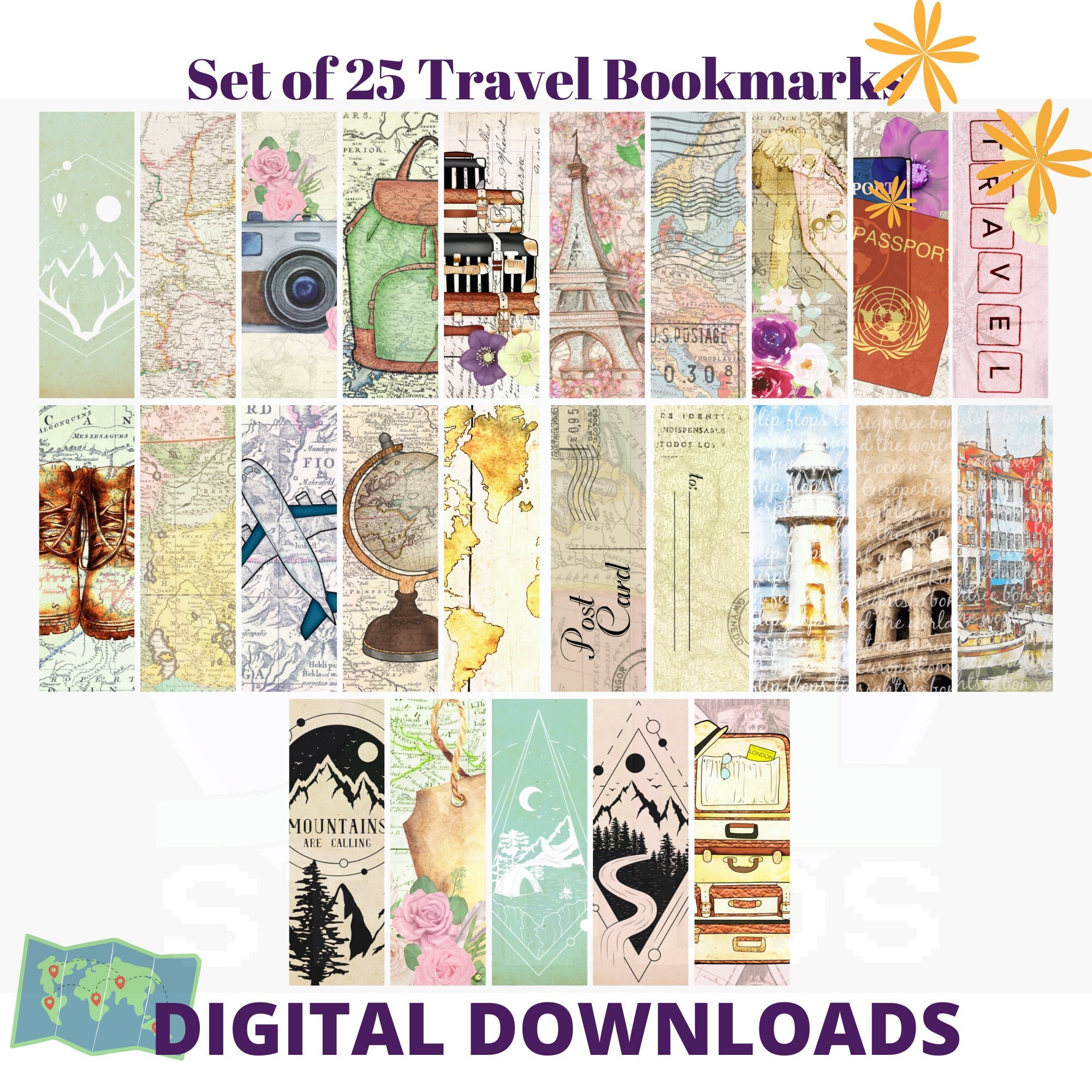 Set of 25 Travel digital bookmarks to Download and print - Silhouette, Cricut, print and cut