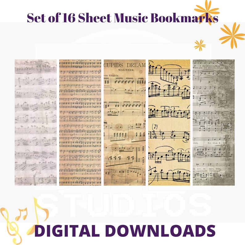 Set of 16 Sheet Music Digital Bookmarks to Download and Print ...