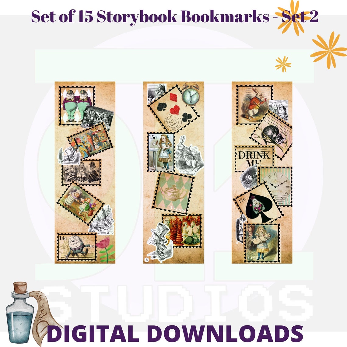 Set of 15 Storybook Alice Themed Digital Bookmarks to Download and ...