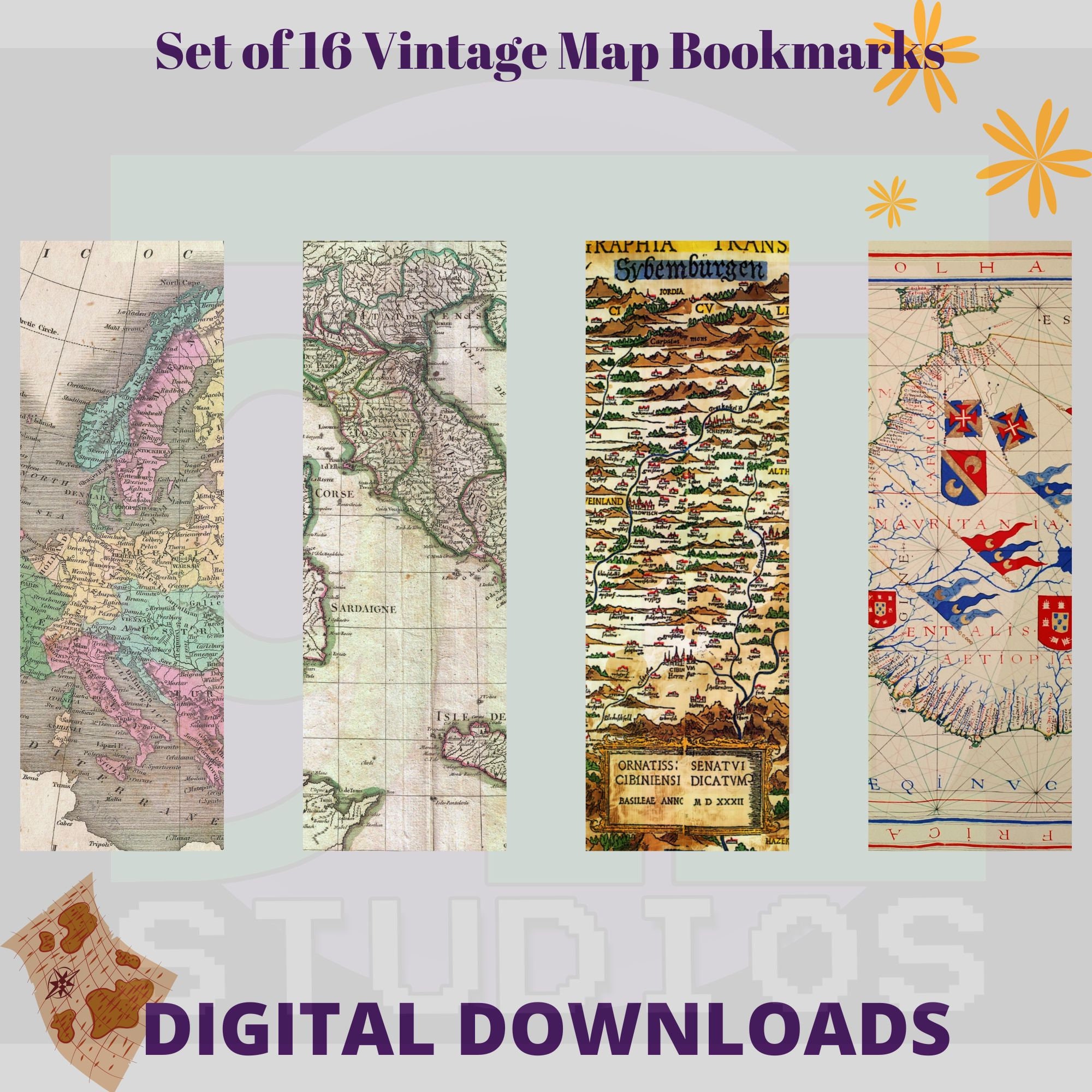 Set of 16 Vintage Map Digital Bookmarks to Download and Print ...