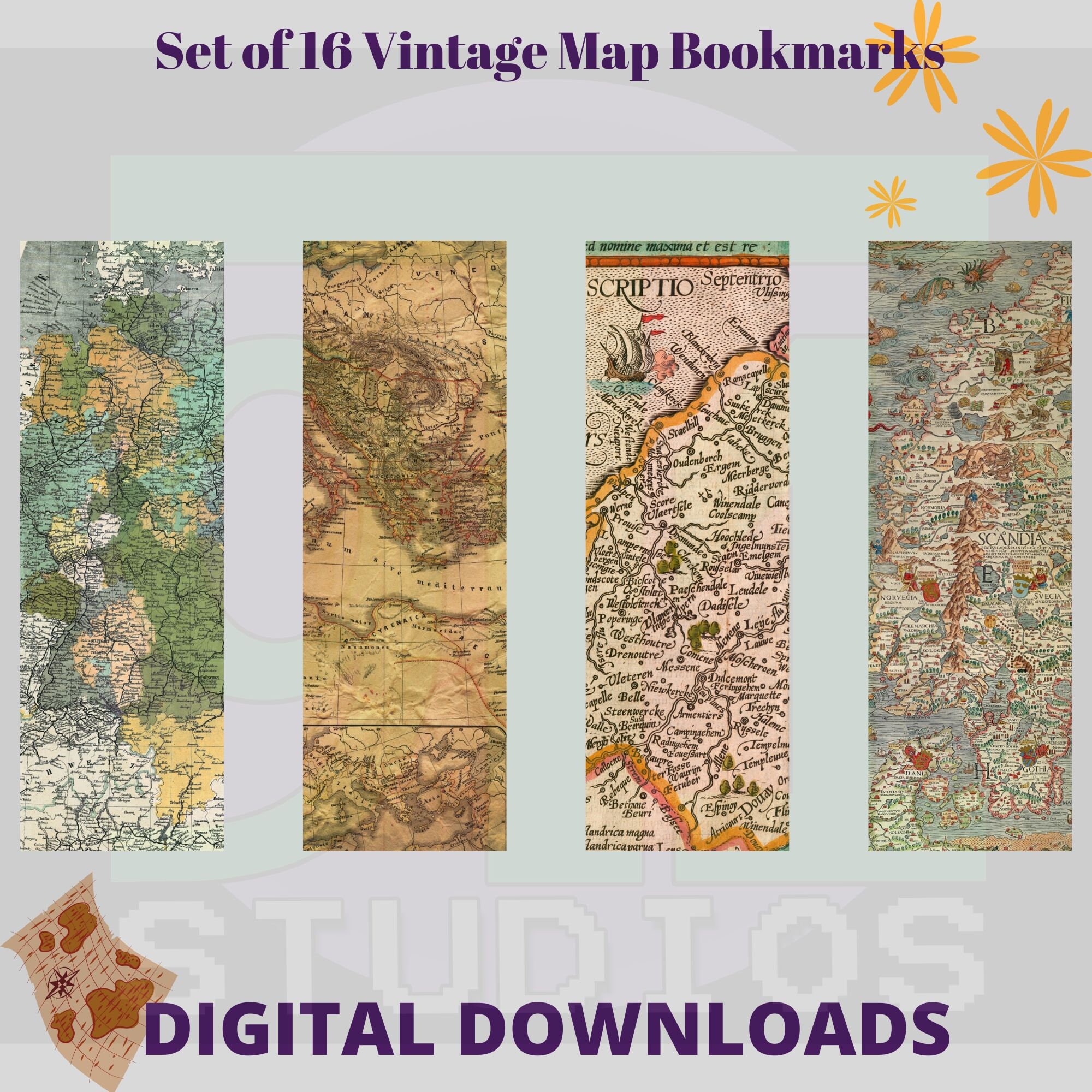Set of 16 Vintage Map Digital Bookmarks to Download and Print ...