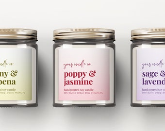 May include: Three glass candle jars with gold lids and labels. The labels have a handwritten font and say "your candle co." The candles are labeled "peony & verbena", "poppy & jasmine", and "sage & lavender".