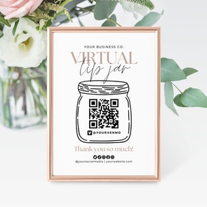 Printable Virtual Tip Jar QR Code Payment Sign Template Canva, Editable Venmo Tips Accepted Sign, Small Business Salon Spa Virtual Tips Aa