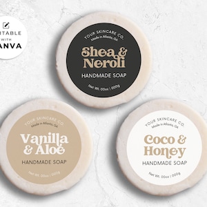 Editable Round Soap Label Template Canva, Modern Soap Label Design, Handmade Round Soap Bar Label Printable, Elegant Soap Label Packaging Hh