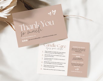 May include: Thank you card with a brown background and white text. The card includes a message of thanks, candle care instructions, and contact information for a business. The card also includes a discount code for a future purchase.