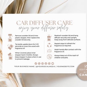 Car Diffuser Care Card Template Canva, Printable Hanging Diffuser Care Instructions, Editable Car Freshener Guide, Thank You Care Insert Aa