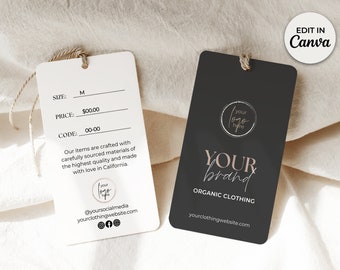 May include: Two black and white clothing tags with a white background. The tag on the left has the text "SIZE: M", "PRICE: $00.00", "CODE: 00-00", and "Our items are crafted with carefully sourced materials of the highest quality and made with love in California." The tag on the right has the text "YOUR brand", "ORGANIC CLOTHING", and "yourclothingwebsite.com".