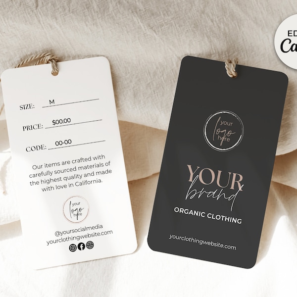 Printable Clothing Hang Tags Template Canva, Modern Clothing Tag Design, Editable Clothing Care Swing Tag Label,DIY Boutique Fashion Tags Aa