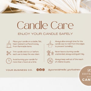 Editable Candle Care Card Template Canva, Printable Boho Candle Care Instructions, Care Card Package Insert, Customer Order Thank You Ee