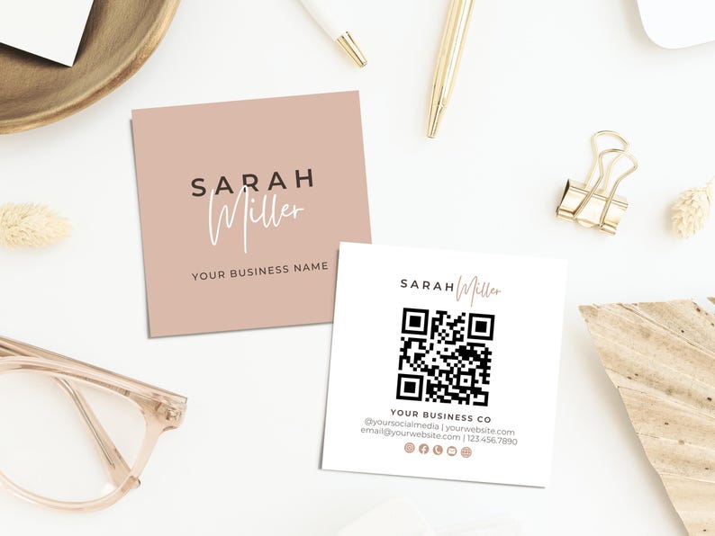 May include: Two square business cards with the name "Sarah Miller" printed on them. One card is blush pink with the name and "Your Business Name". The other card is white with a QR code and contact information.