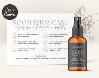Room Spray Label Template + Matching Care Card & Icons Canva, Linen Spray Bottle Label Design Editable, Printable Product Care Thank You Aa