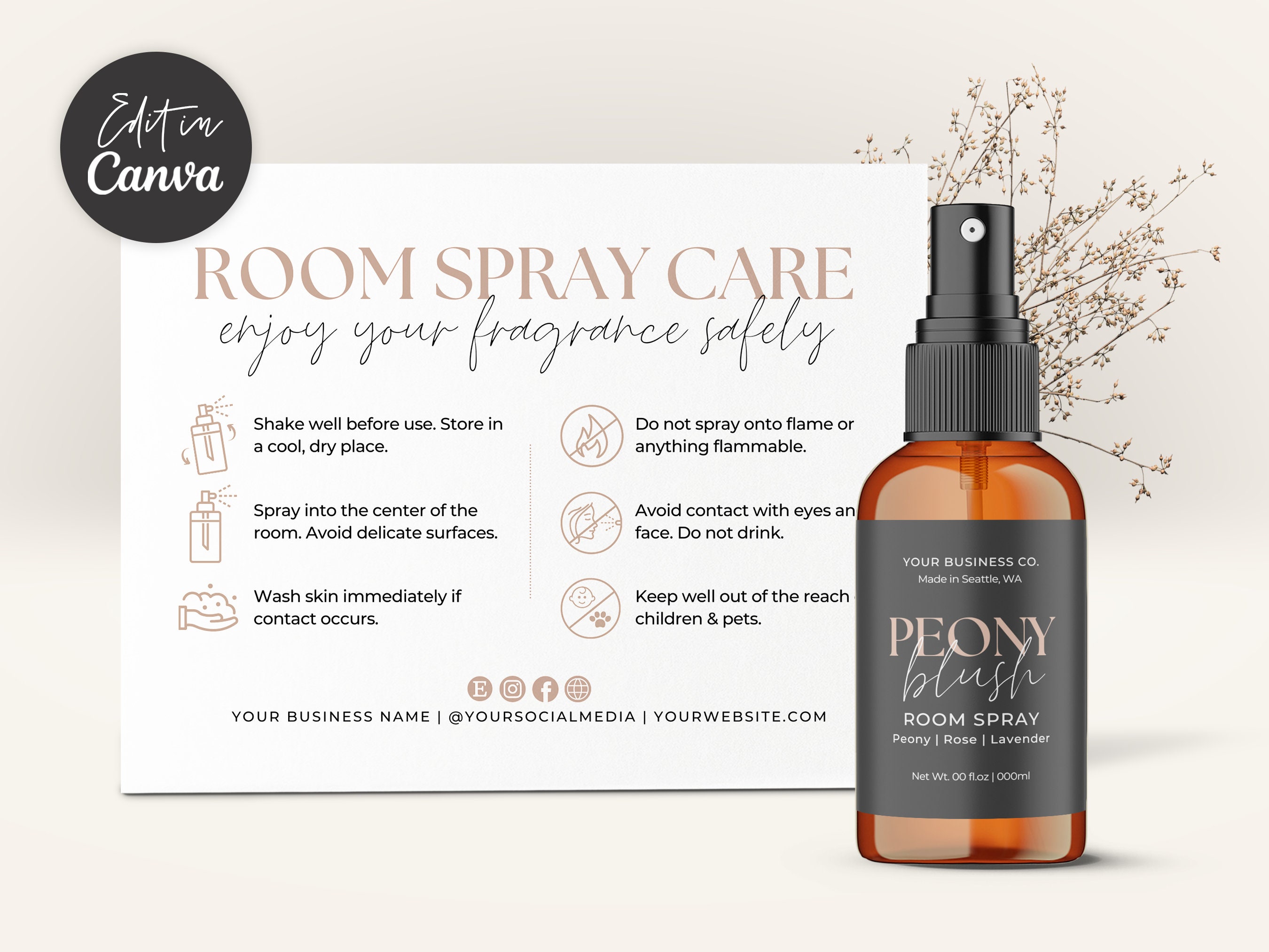 Room Rabel Room Spray Label Template + Matching Care Card & Icons Canva, Linen ...