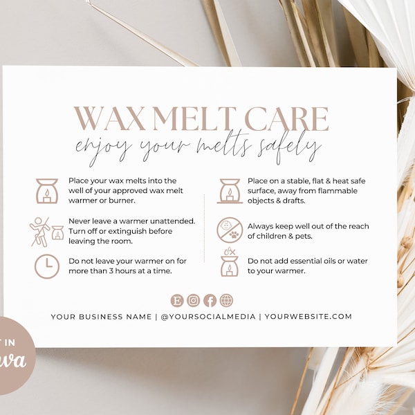 Wax Melt Care Card Template Canva, Printable Wax Melt Care Instructions, Editable Wax Melt Safety Thank You,Candle Business Parcel Insert Aa