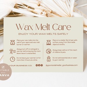 Wax Melt Care Card Template Canva, Printable Wax Melt Care Instructions, Editable Wax Melt Safety Thank You, Candle Business Card Insert Ee