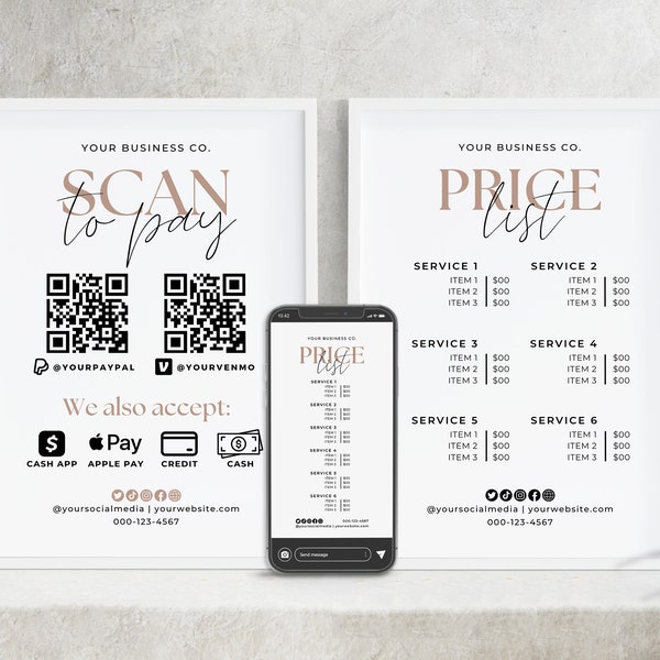 Price List Template & Scan to Pay Template QR Code Sign Canva, Printable Salon Payment Sign, Price Guide, Pricelist Editable Template |Aa