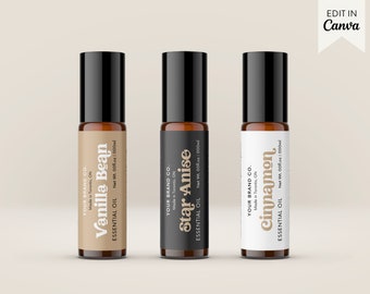 Essential Oil Roller Bottle Label Template Printable Canva, Editable Roll On Bottle Oil Labels, Custom Skincare Branding Label Design Hh