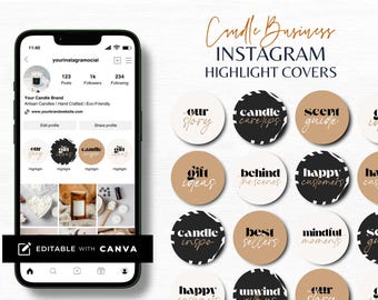 Op de afbeelding: Instagram highlight covers voor een kaarsenbedrijf. Het ontwerp toont een smartphone met een profielpagina en ronde highlight covers met tekst als "Our Story" en "Gift Ideas". De covers zijn in zwart, wit en bruin.